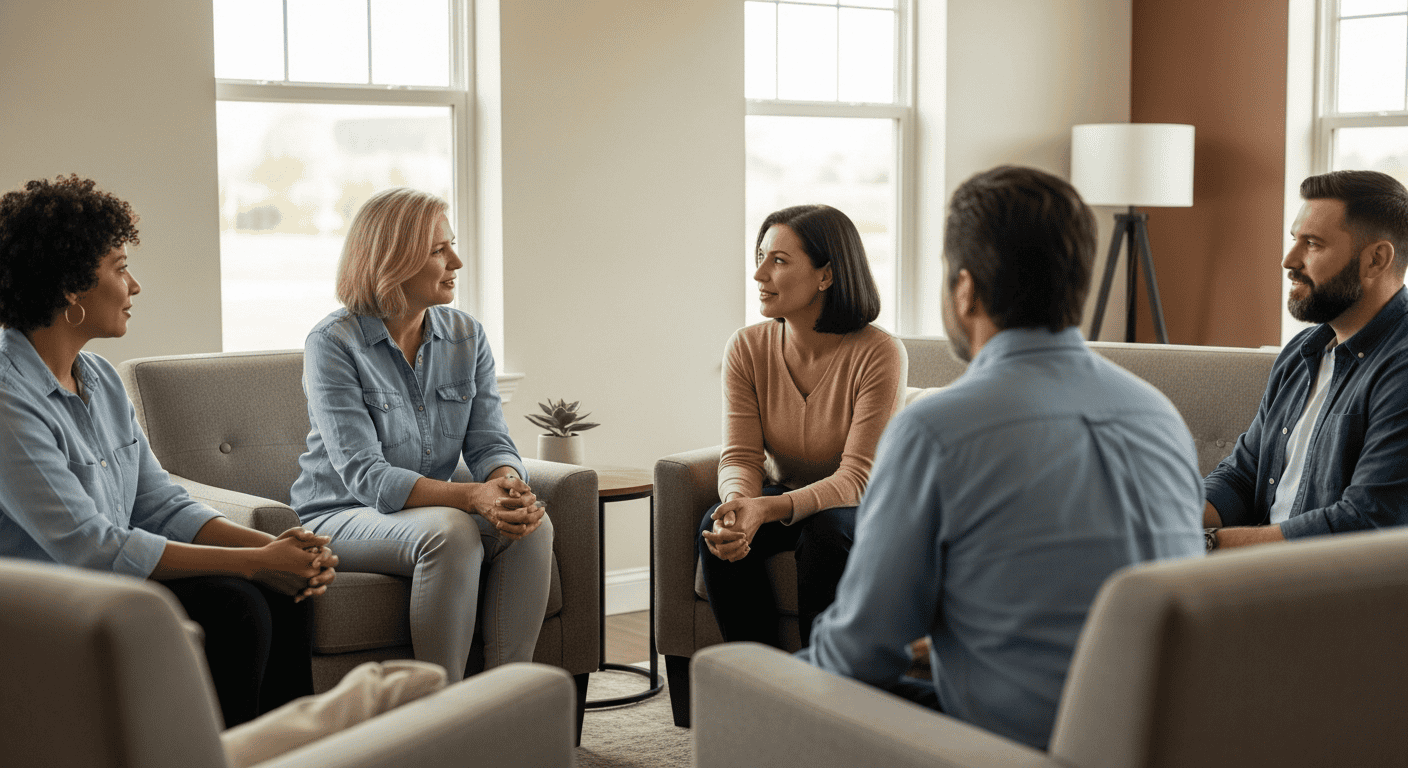 Support group session for drug detox and rehab with diverse participants sharing experiences in a comfortable setting.