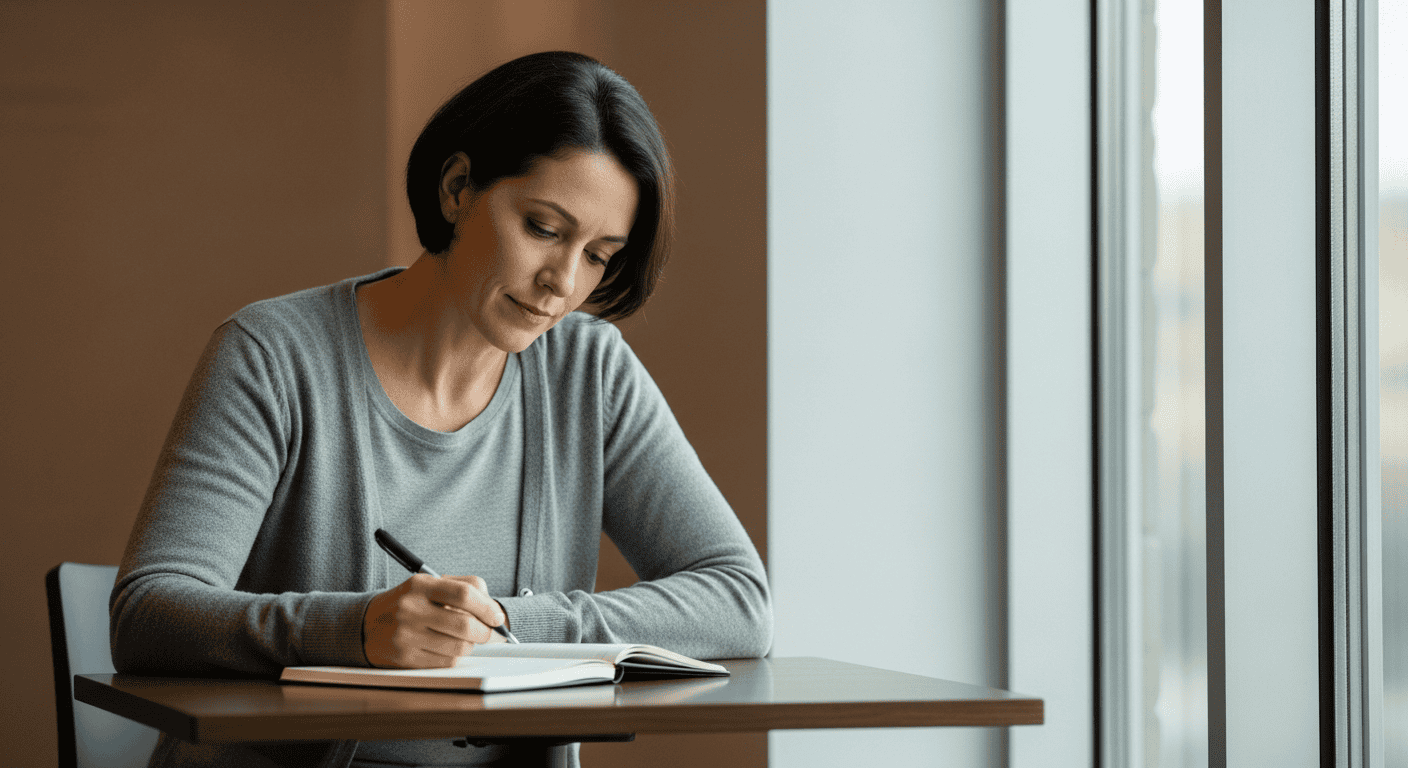 Woman writing in a notebook near a window, representing recovery and reflection during drug detox and rehab process.