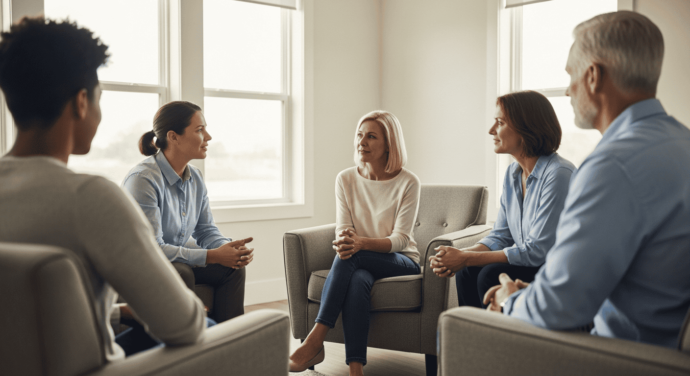 Group therapy session with diverse individuals discussing addiction recovery in a supportive environment.