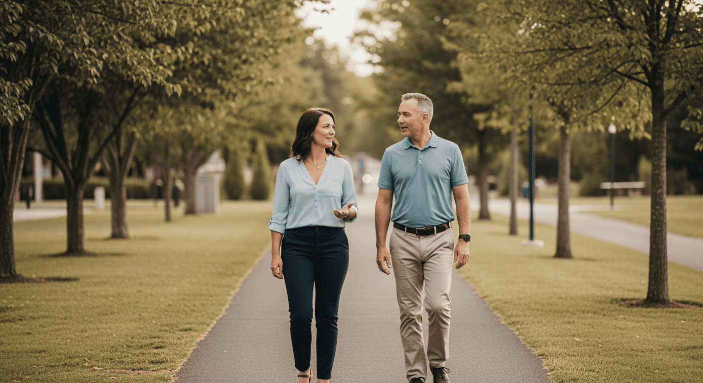 A couple walking together in a park, symbolizing support and recovery in a healthy environment for drug detox and rehab.