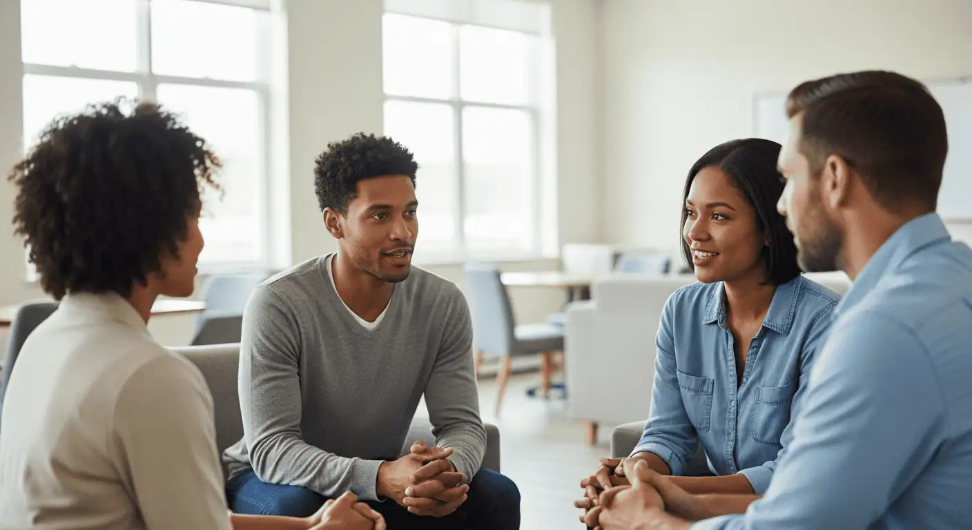 Group therapy session at a drug detox and rehab center with diverse individuals discussing recovery strategies.