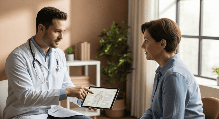 Medical professional discussing treatment options with a patient for drug detox and rehab in a clinical setting.