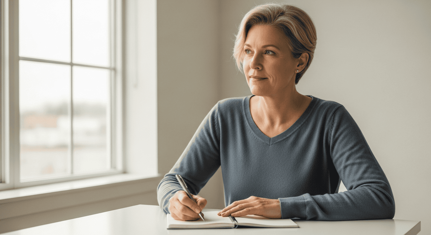 A mature woman contemplating drug detox and rehab options, sitting by a window with a thoughtful expression, representing recovery and hope.