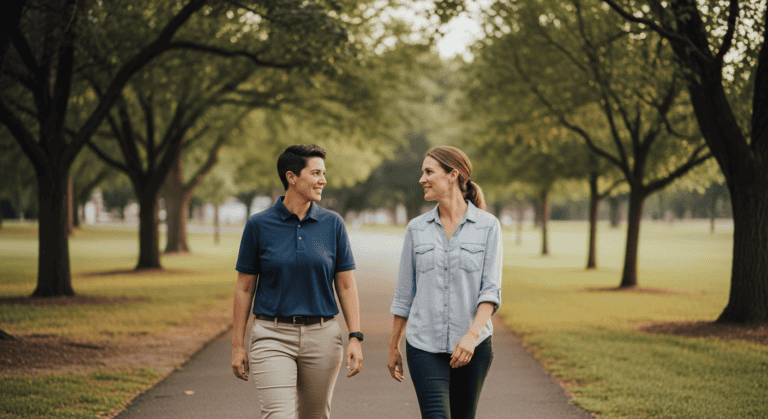 Two women walking and talking in a park, promoting mental health and wellness during recovery from addiction.